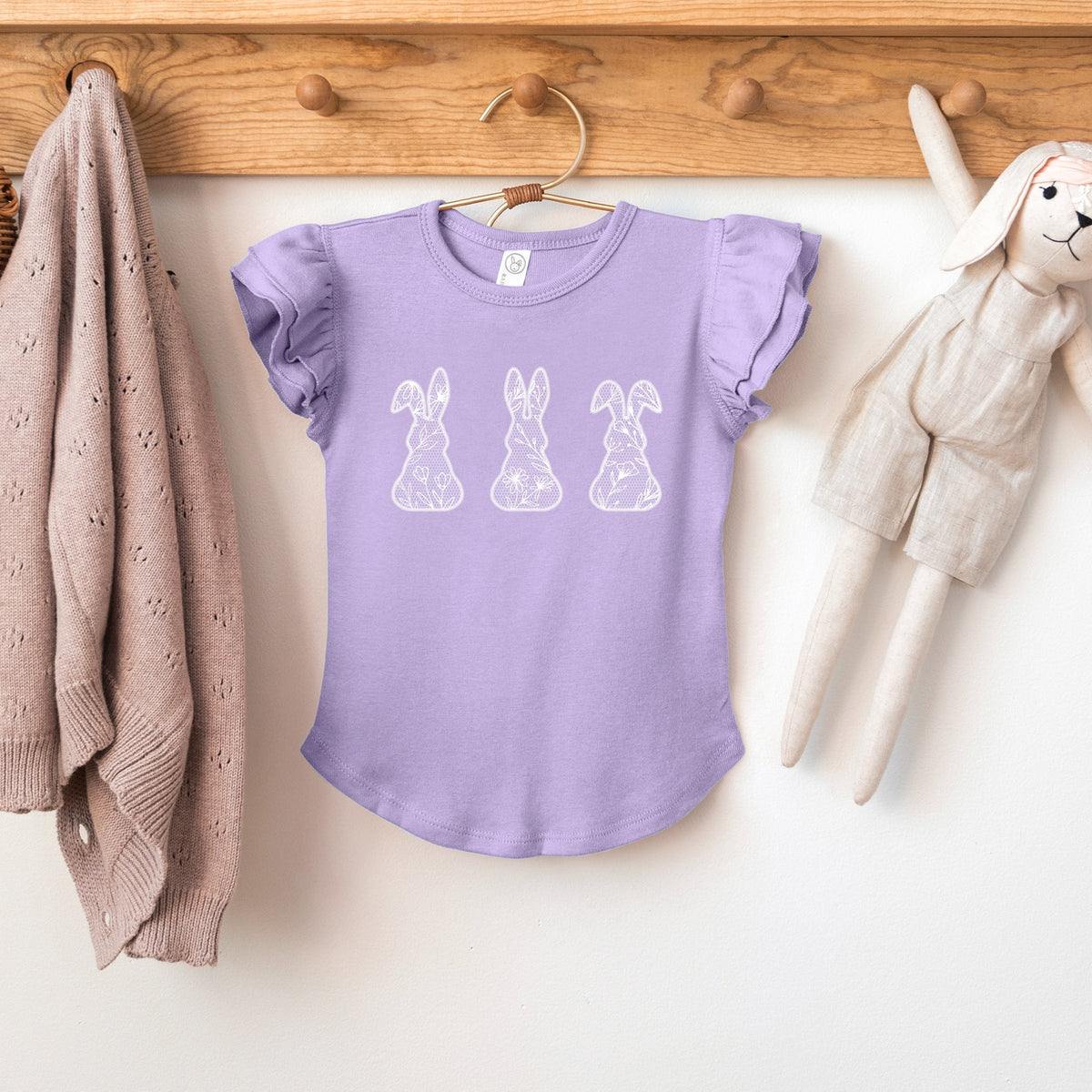 Easter Bunnies Faux Lace  - Flutter Sleeve Graphic T-Shirt
