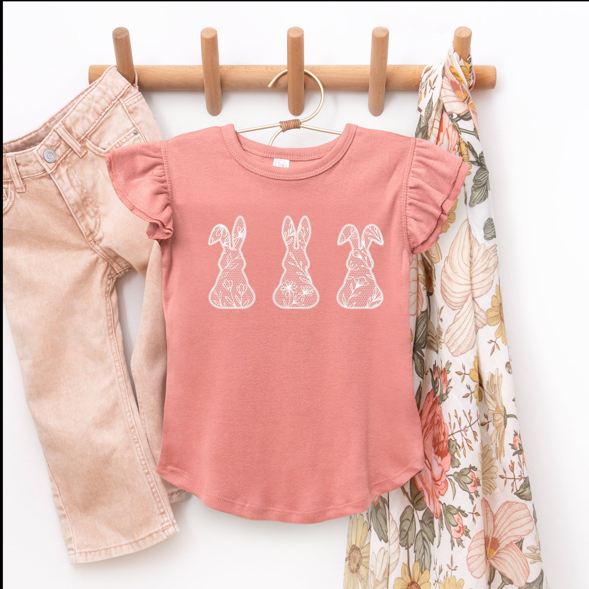 Easter Bunnies Faux Lace  - Flutter Sleeve Graphic T-Shirt