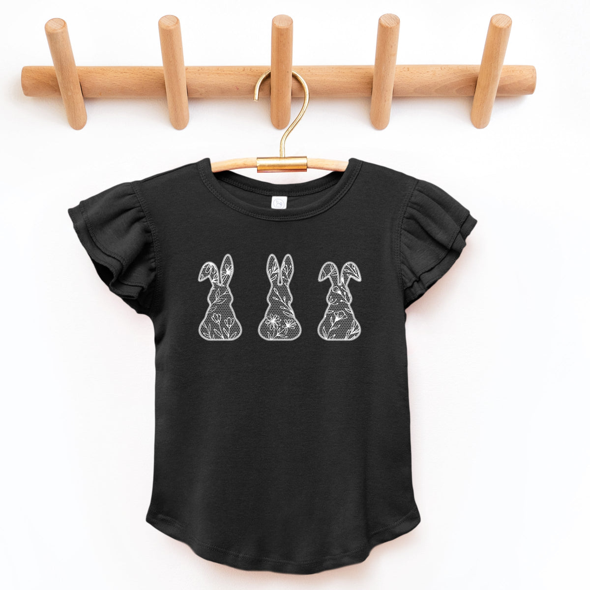 Easter Bunnies Faux Lace  - Flutter Sleeve Graphic T-Shirt