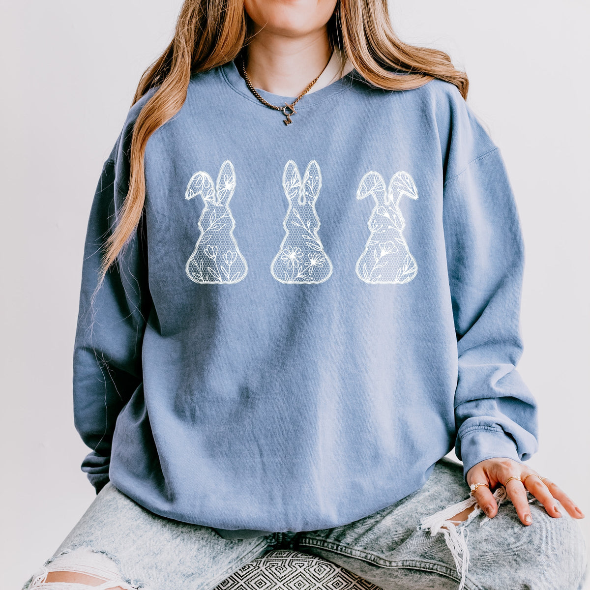 Easter Bunnies Faux Lace - Women's Lightweight Garment Dyed Sweatshirt