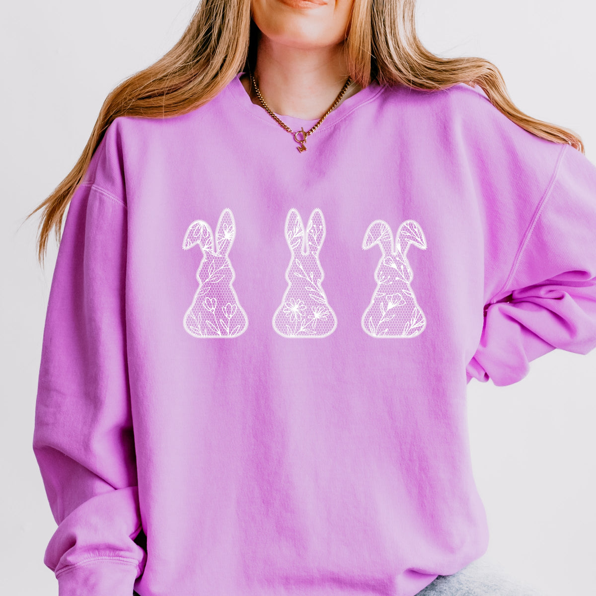 Easter Bunnies Faux Lace - Women's Lightweight Garment Dyed Sweatshirt