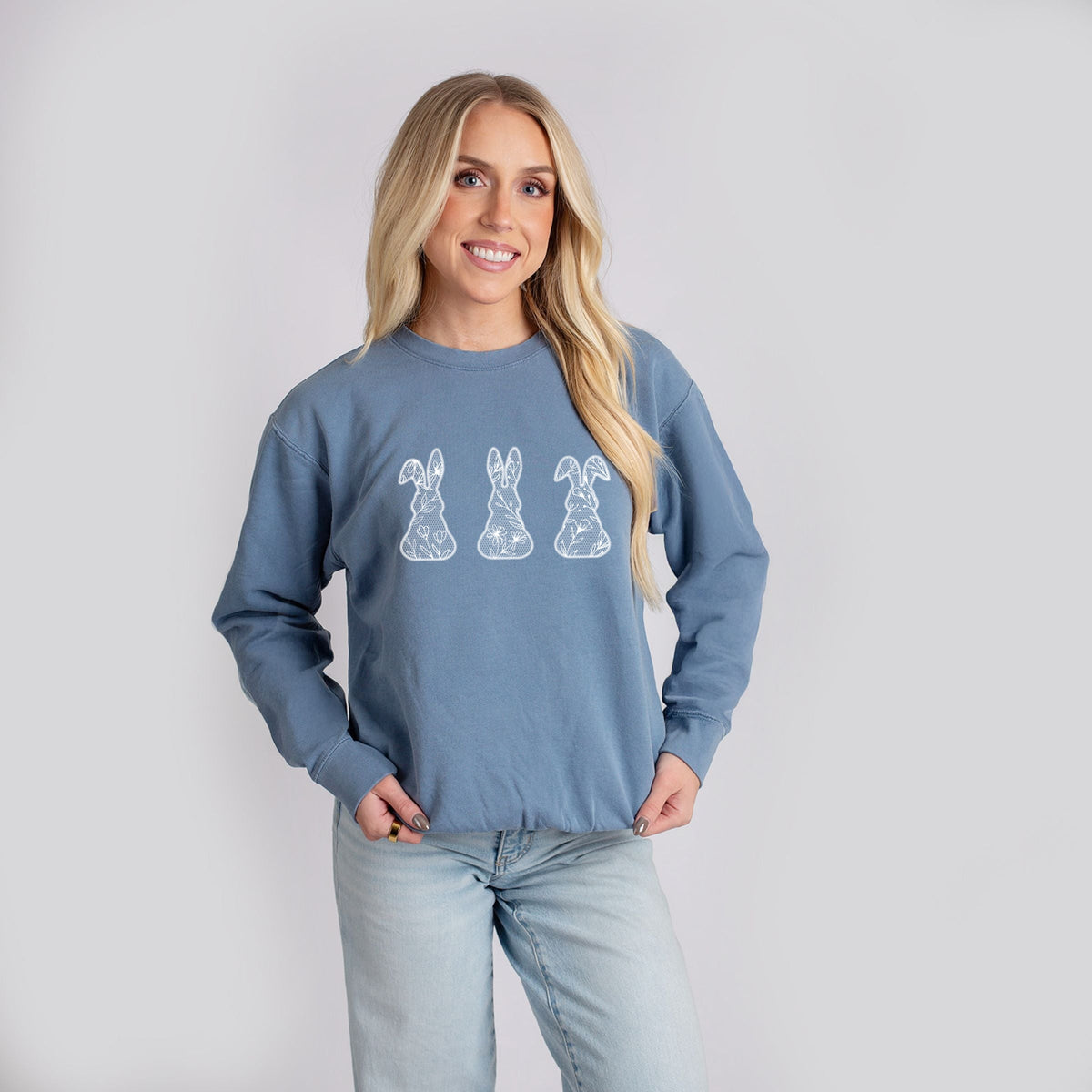 Easter Bunnies Faux Lace - Women's Lightweight Garment Dyed Sweatshirt