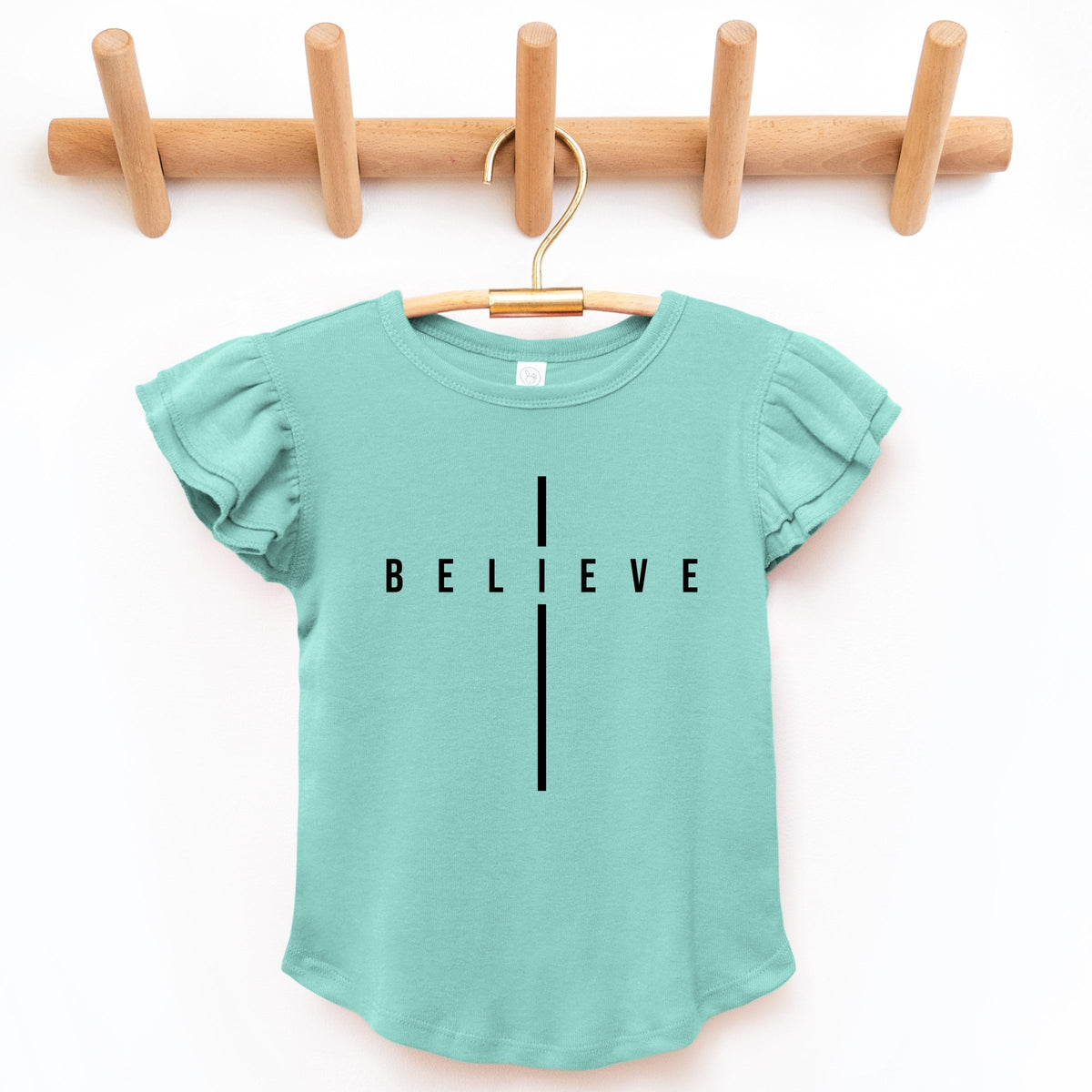 Believe Minimalist Cross - Flutter Sleeve Graphic T-Shirt