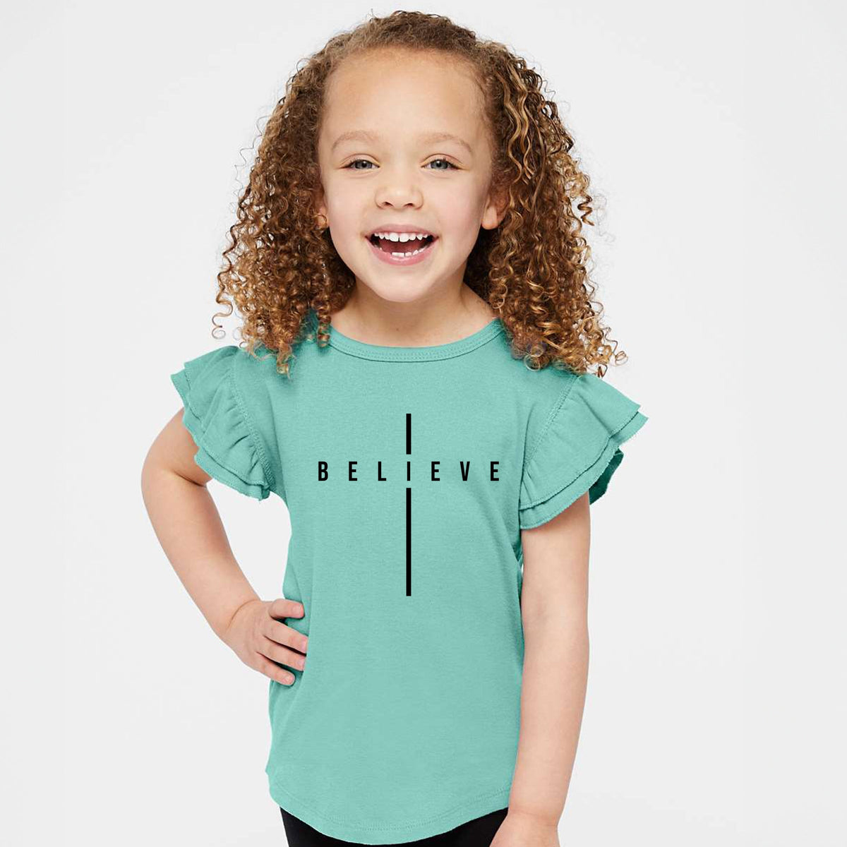 Believe Minimalist Cross - Flutter Sleeve Graphic T-Shirt