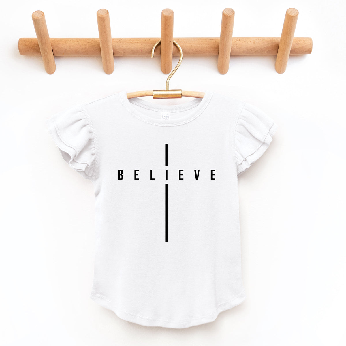 Believe Minimalist Cross - Flutter Sleeve Graphic T-Shirt