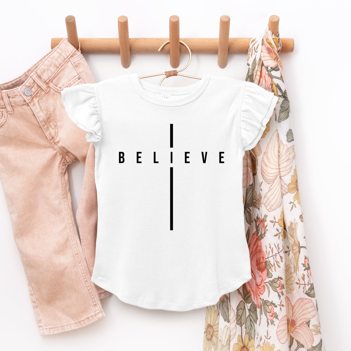 Believe Minimalist Cross - Flutter Sleeve Graphic T-Shirt
