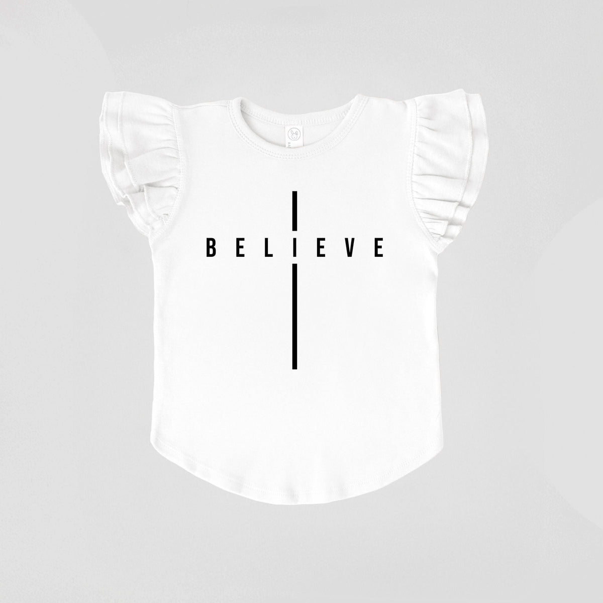 Believe Minimalist Cross - Flutter Sleeve Graphic T-Shirt