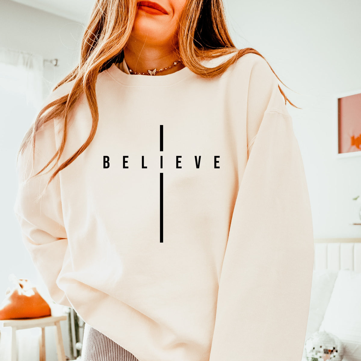 Believe Minimalist Cross - Women's Lightweight Garment Dyed Sweatshirt