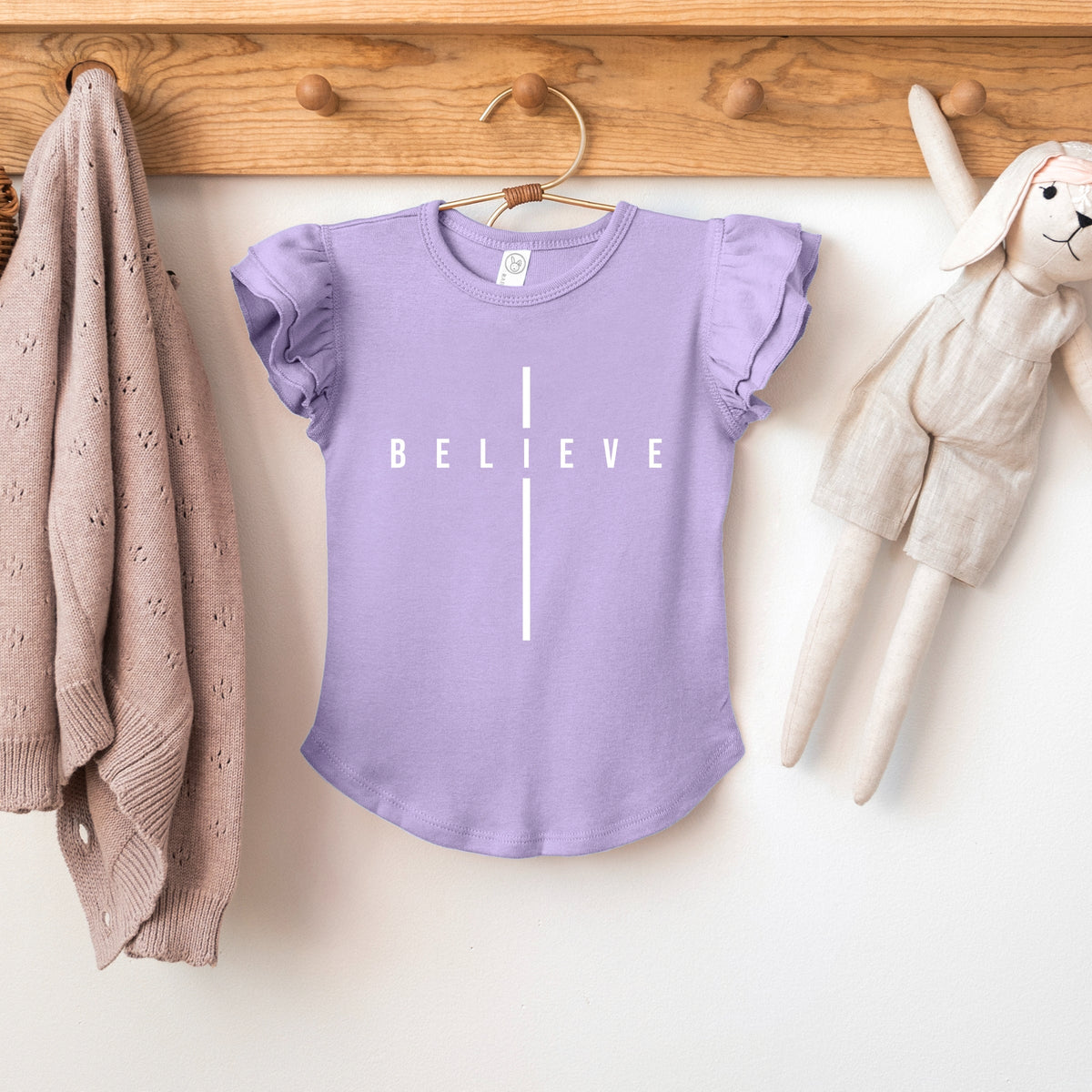 Believe Minimalist Cross - Flutter Sleeve Graphic T-Shirt