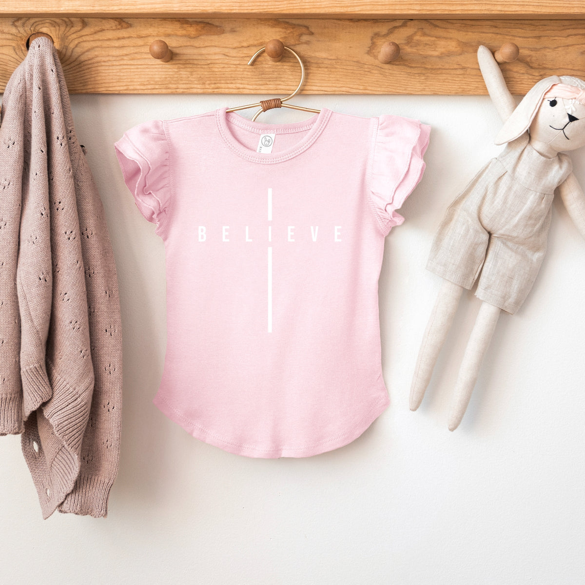 Believe Minimalist Cross - Flutter Sleeve Graphic T-Shirt