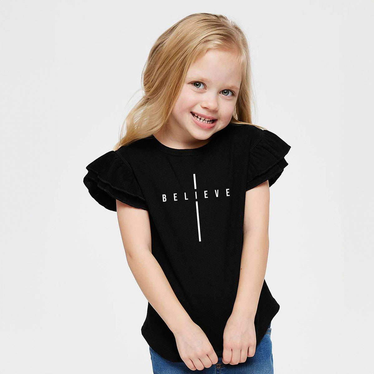 Believe Minimalist Cross - Flutter Sleeve Graphic T-Shirt