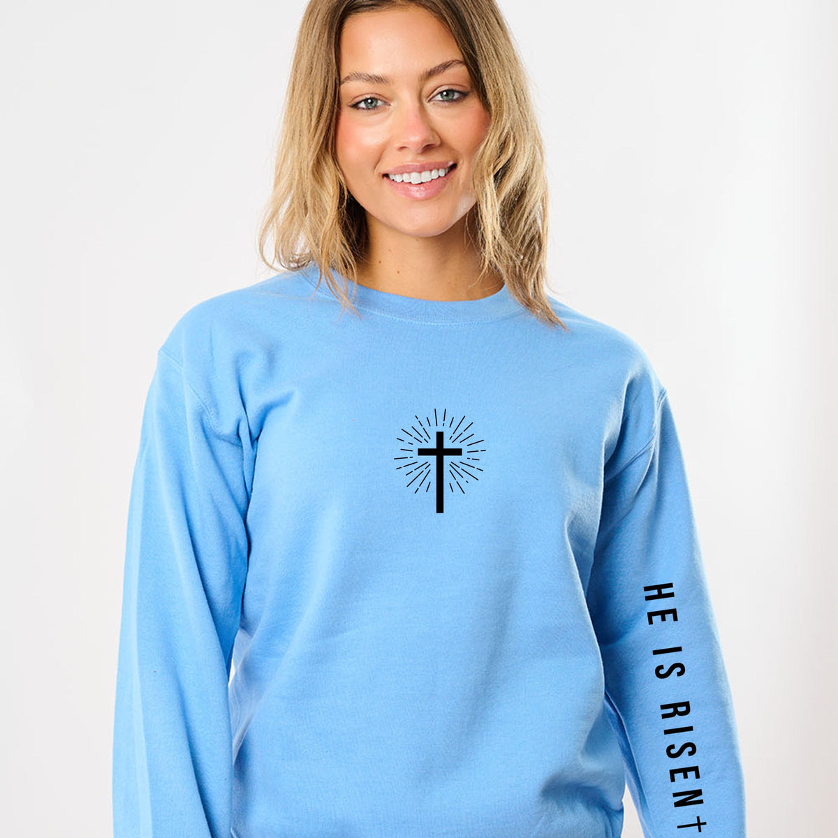He Is Risen Cross Mini Front and Sleeve Design - Women's Graphic Sweatshirt