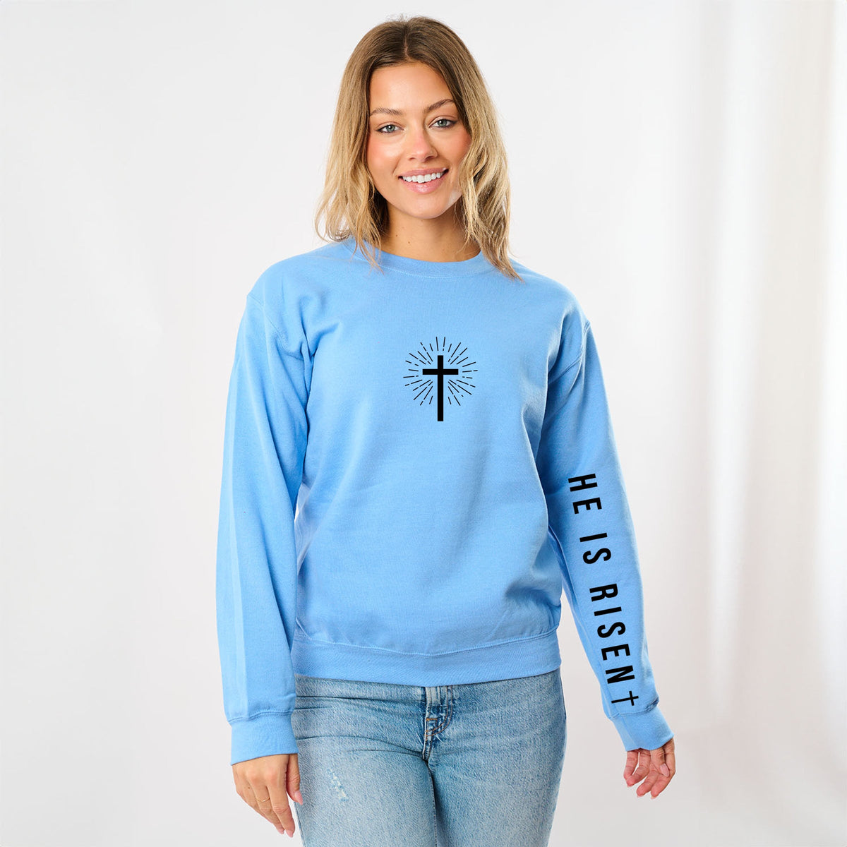 He Is Risen Cross Mini Front and Sleeve Design - Women's Graphic Sweatshirt