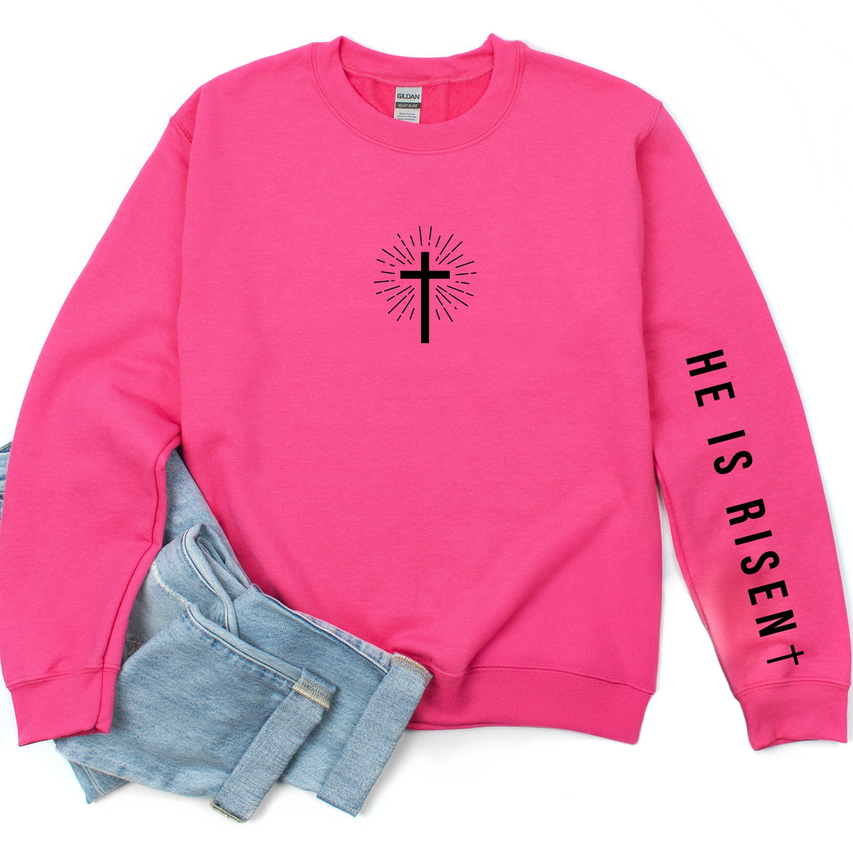 He Is Risen Cross Mini Front and Sleeve Design - Women's Graphic Sweatshirt