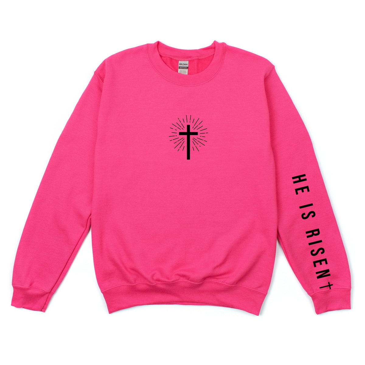 He Is Risen Cross Mini Front and Sleeve Design - Women's Graphic Sweatshirt