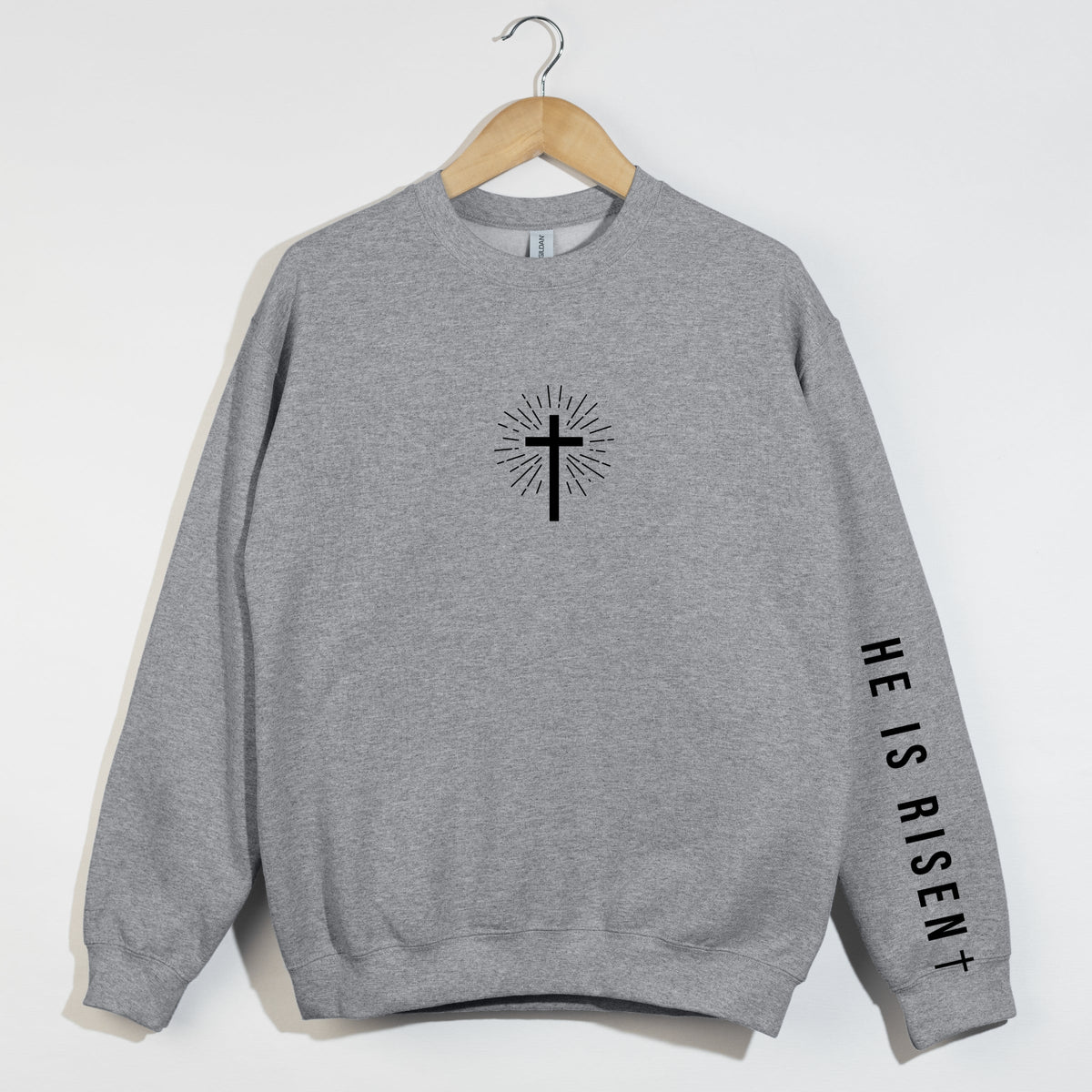 He Is Risen Cross Mini Front and Sleeve Design - Women's Graphic Sweatshirt