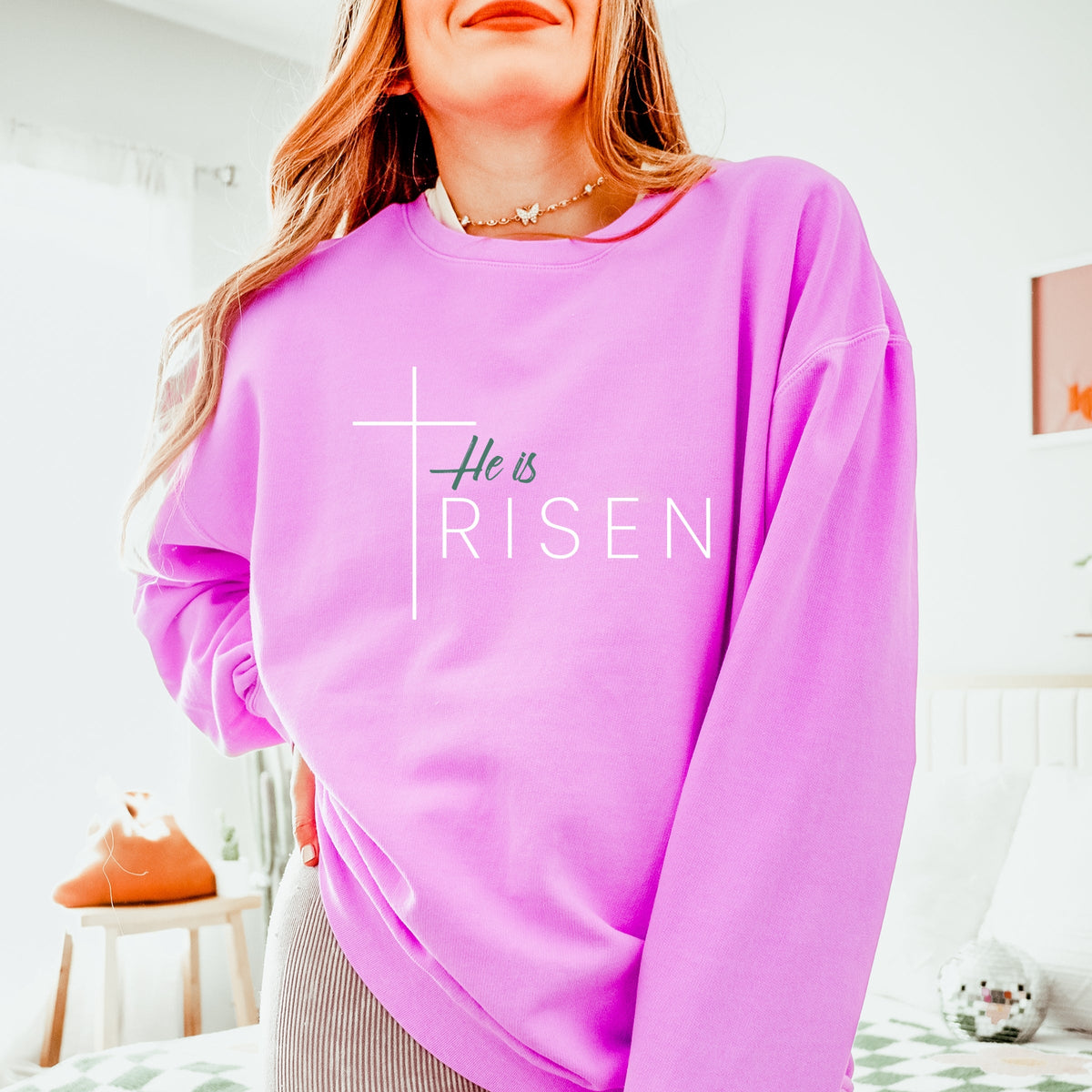 He Is Risen Cross Thin - Women's Lightweight Garment Dyed Sweatshirt