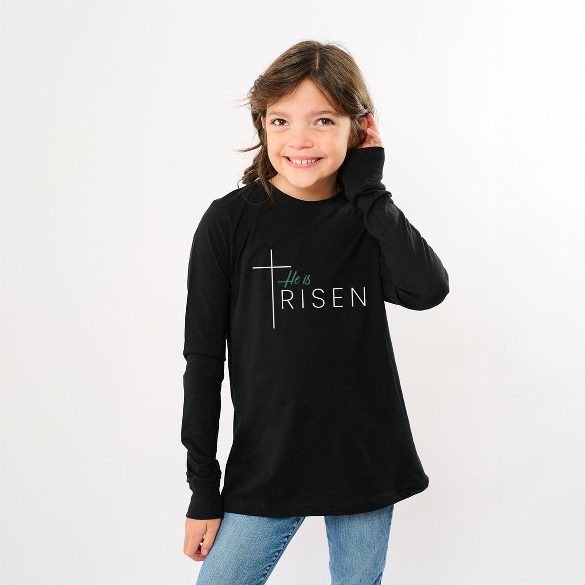 He Is Risen Cross Thin - Youth Long Sleeve Graphic T-Shirt