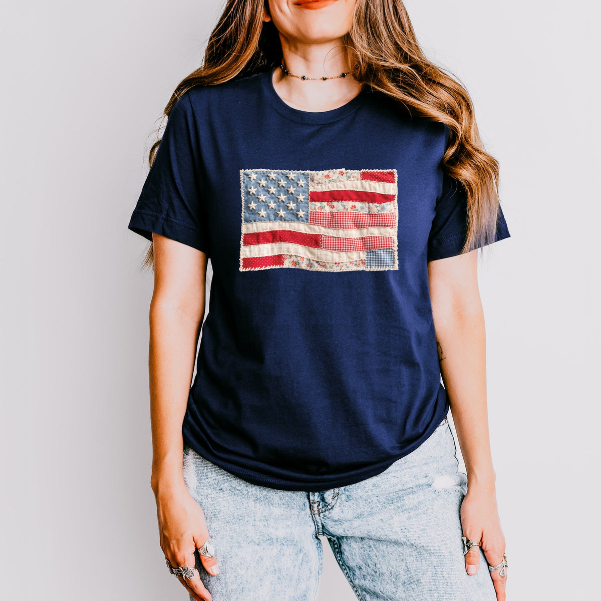 American Flag Faux Patchwork - Women's Short Sleeve Graphic T-Shirt