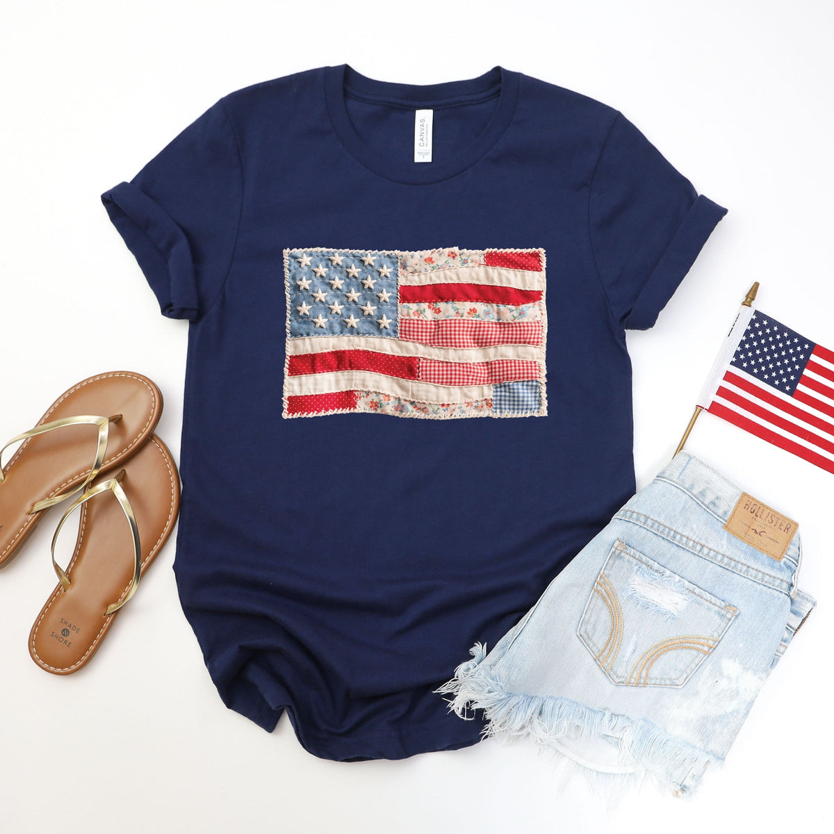 American Flag Faux Patchwork - Women's Short Sleeve Graphic T-Shirt