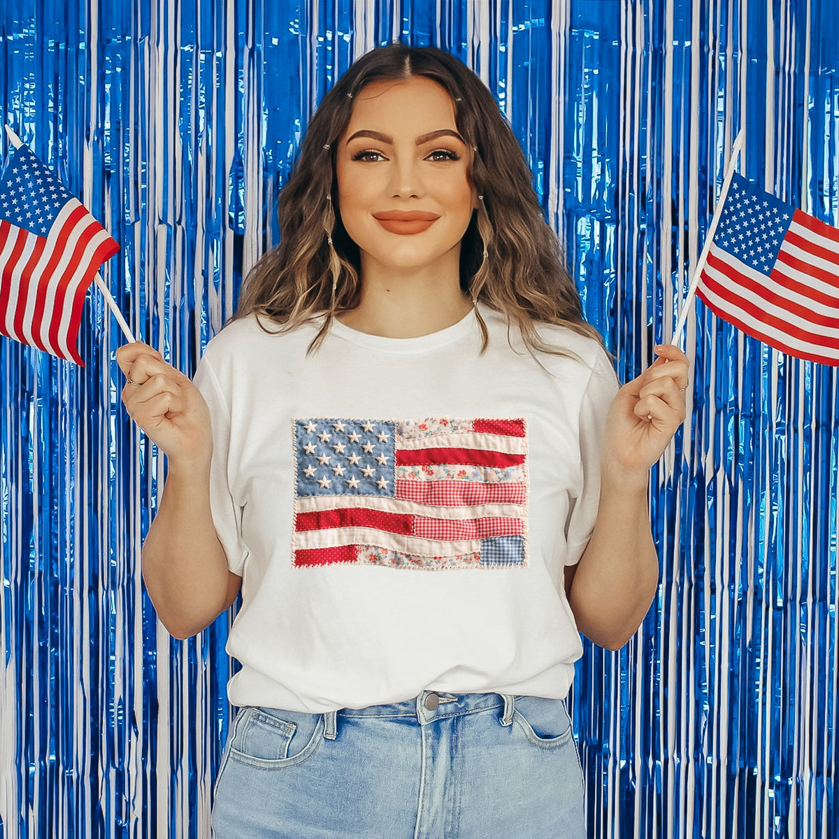 American Flag Faux Patchwork - Women's Short Sleeve Graphic T-Shirt