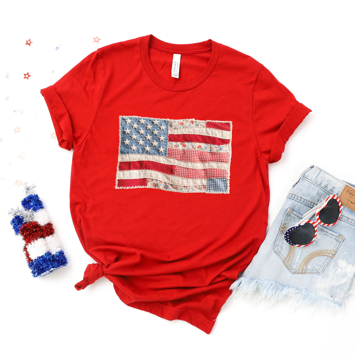 American Flag Faux Patchwork - Women's Short Sleeve Graphic T-Shirt