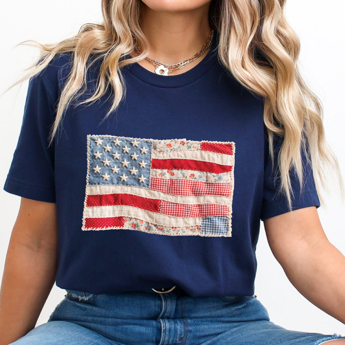 American Flag Faux Patchwork - Women's Short Sleeve Graphic T-Shirt