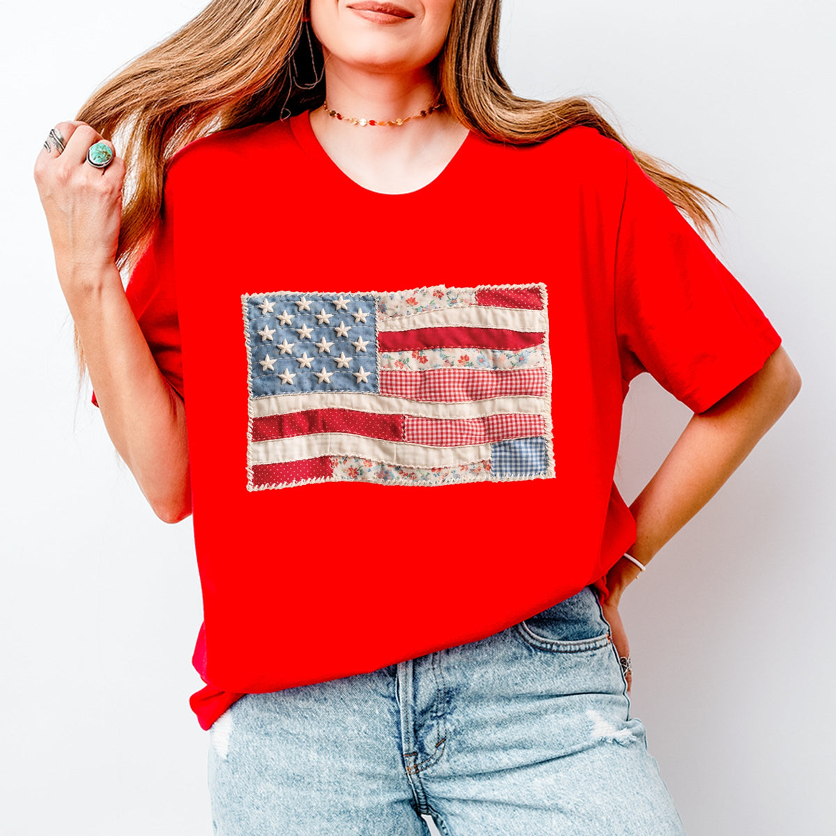 American Flag Faux Patchwork - Women's Short Sleeve Graphic T-Shirt