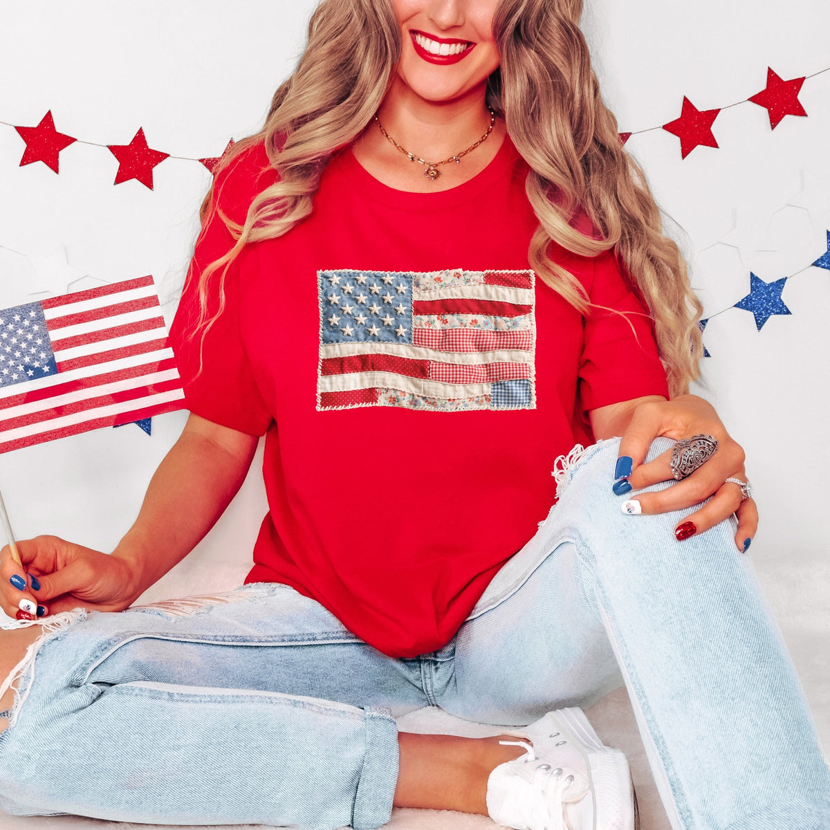 American Flag Faux Patchwork - Women's Short Sleeve Graphic T-Shirt