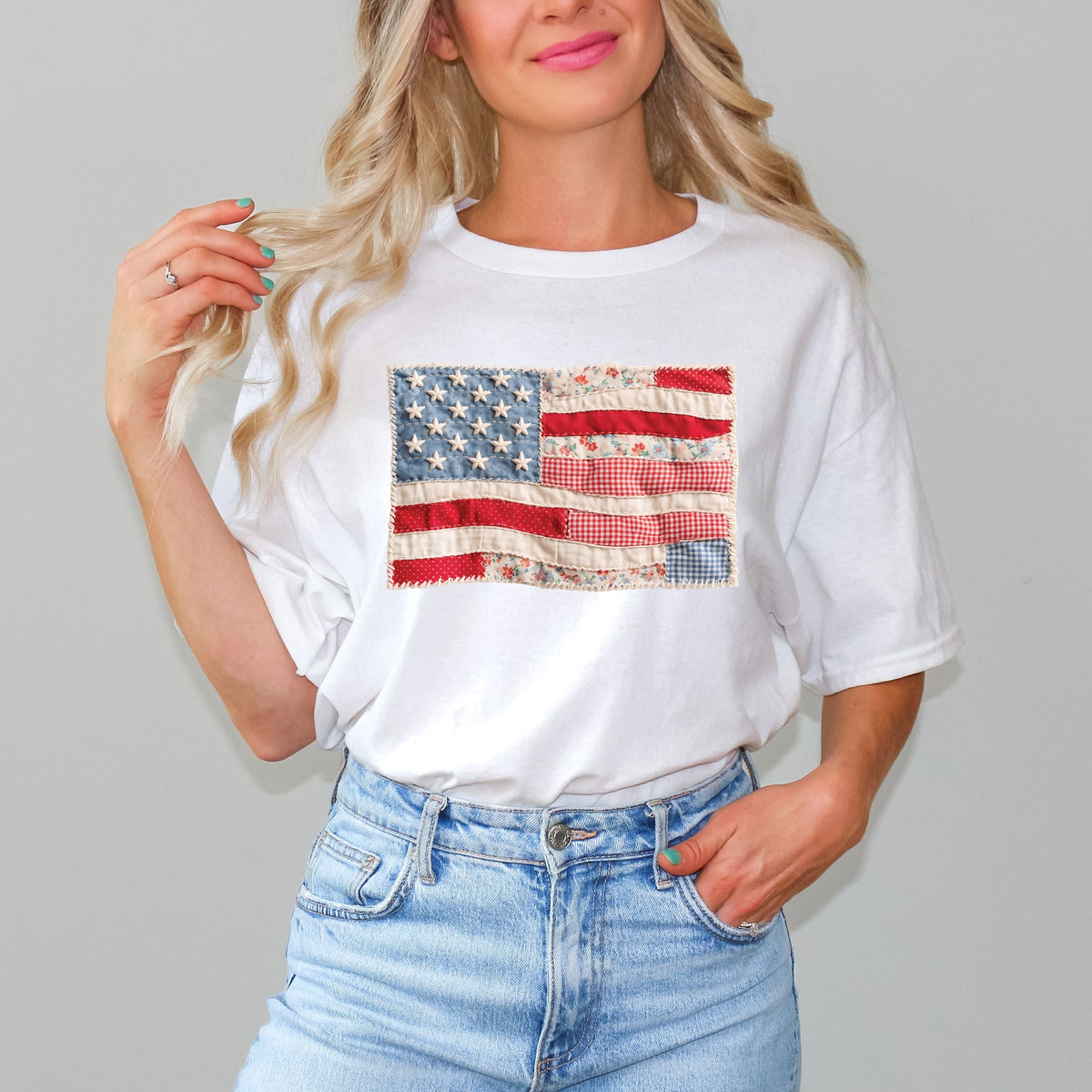 American Flag Faux Patchwork - Women's Short Sleeve Graphic T-Shirt
