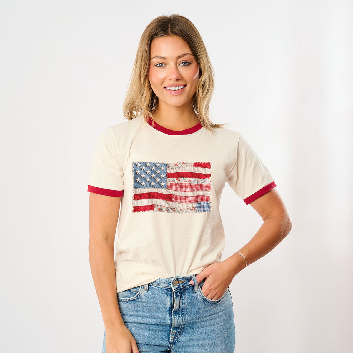 American Flag Faux Patchwork - Women's Ringer Graphic T-Shirt