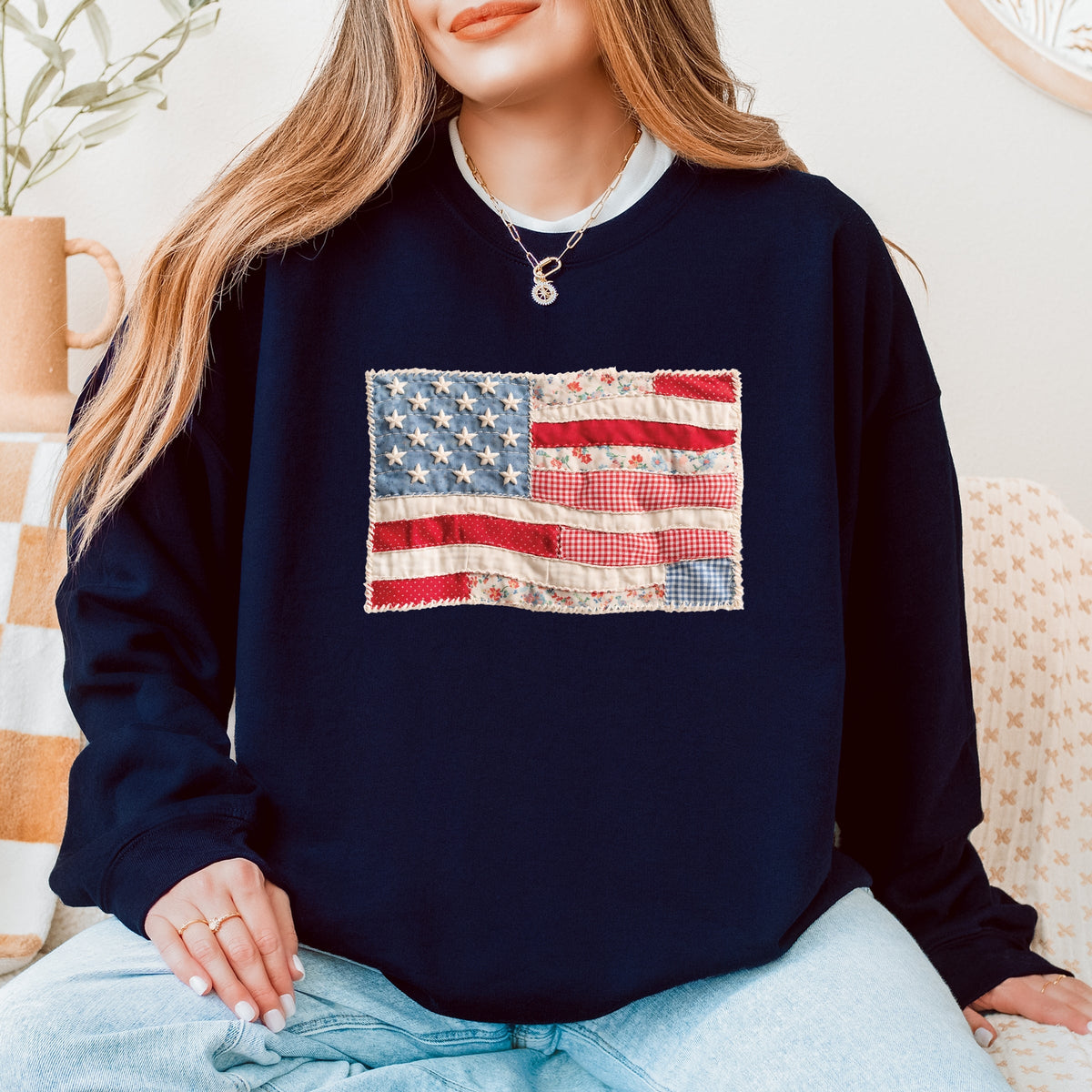 American Flag Faux Patchwork - Women's Graphic Sweatshirt