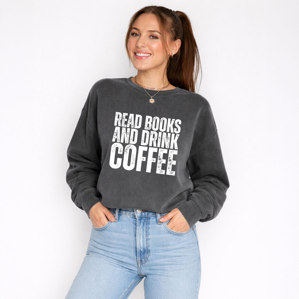 Read Books And Drink Coffee Distressed - Women's Lightweight Garment Dyed Sweatshirt