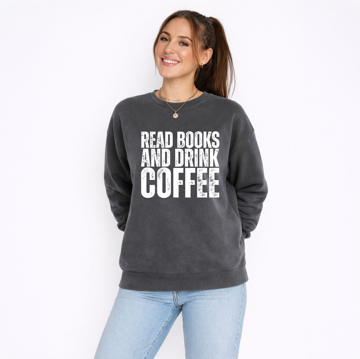 Read Books And Drink Coffee Distressed - Women's Lightweight Garment Dyed Sweatshirt