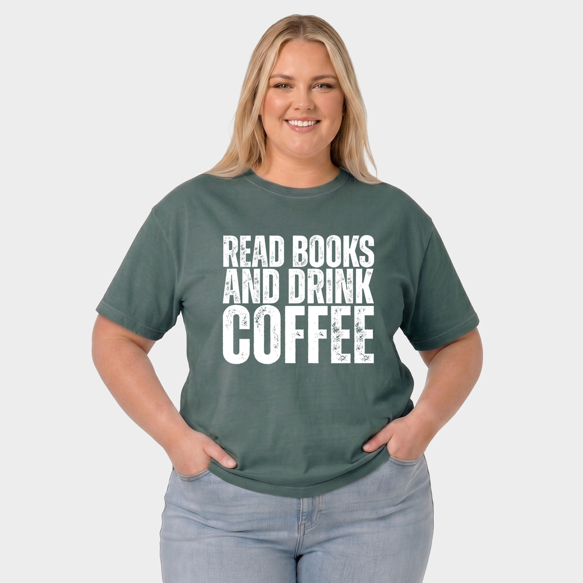 Read Books And Drink Coffee Distressed - Women's Plus Garment Dyed Tee