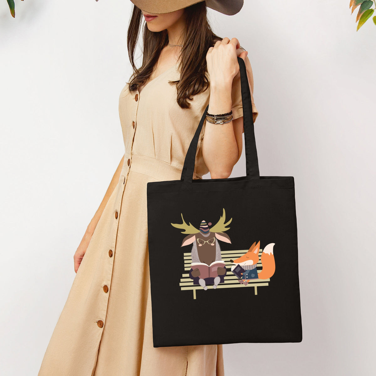 Moose and Fox Reading - Canvas Tote