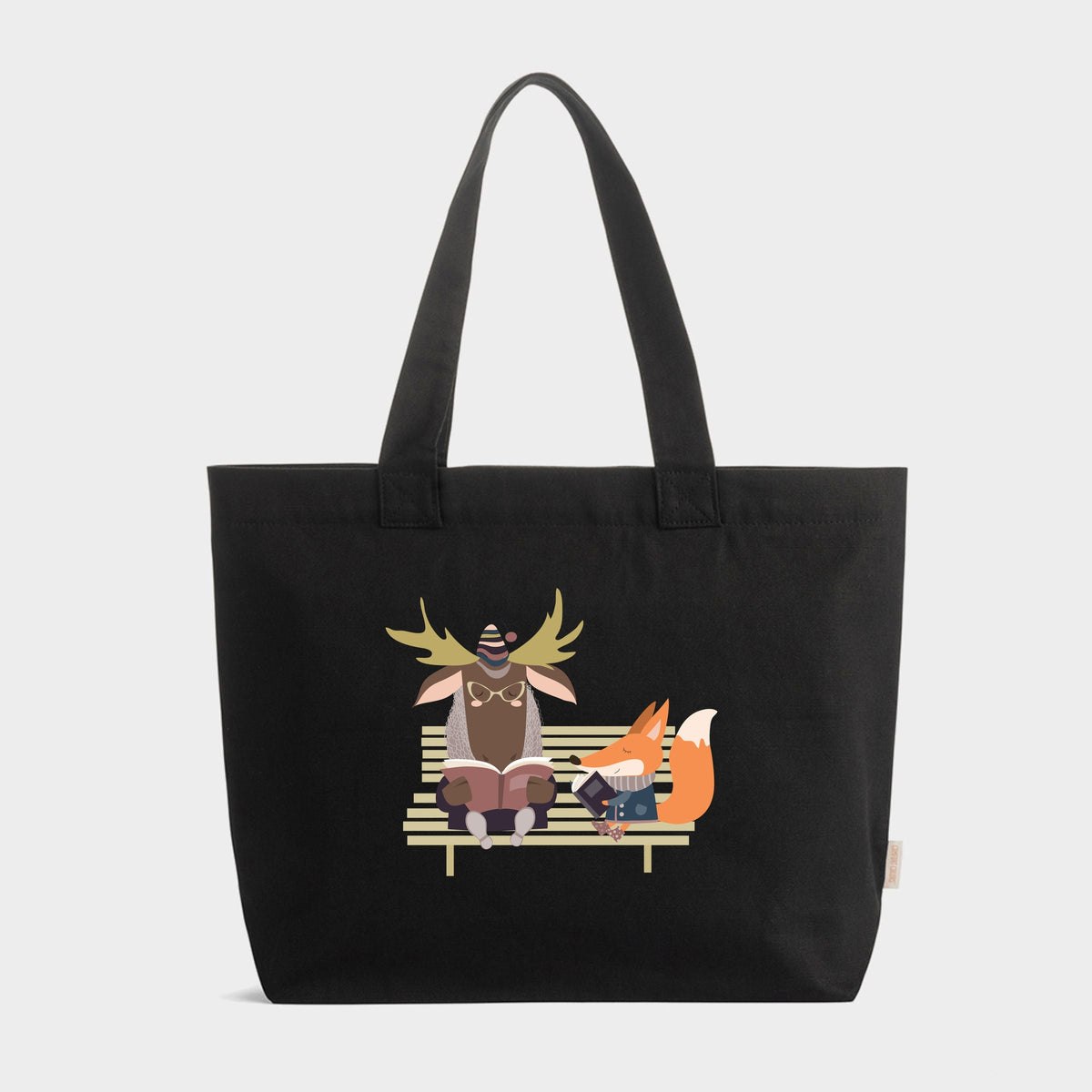 Moose and Fox Reading - Zippered Canvas Tote