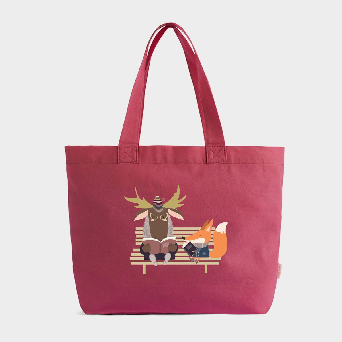 Moose and Fox Reading - Zippered Canvas Tote