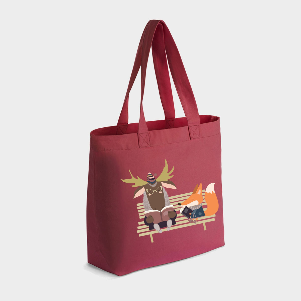 Moose and Fox Reading - Zippered Canvas Tote