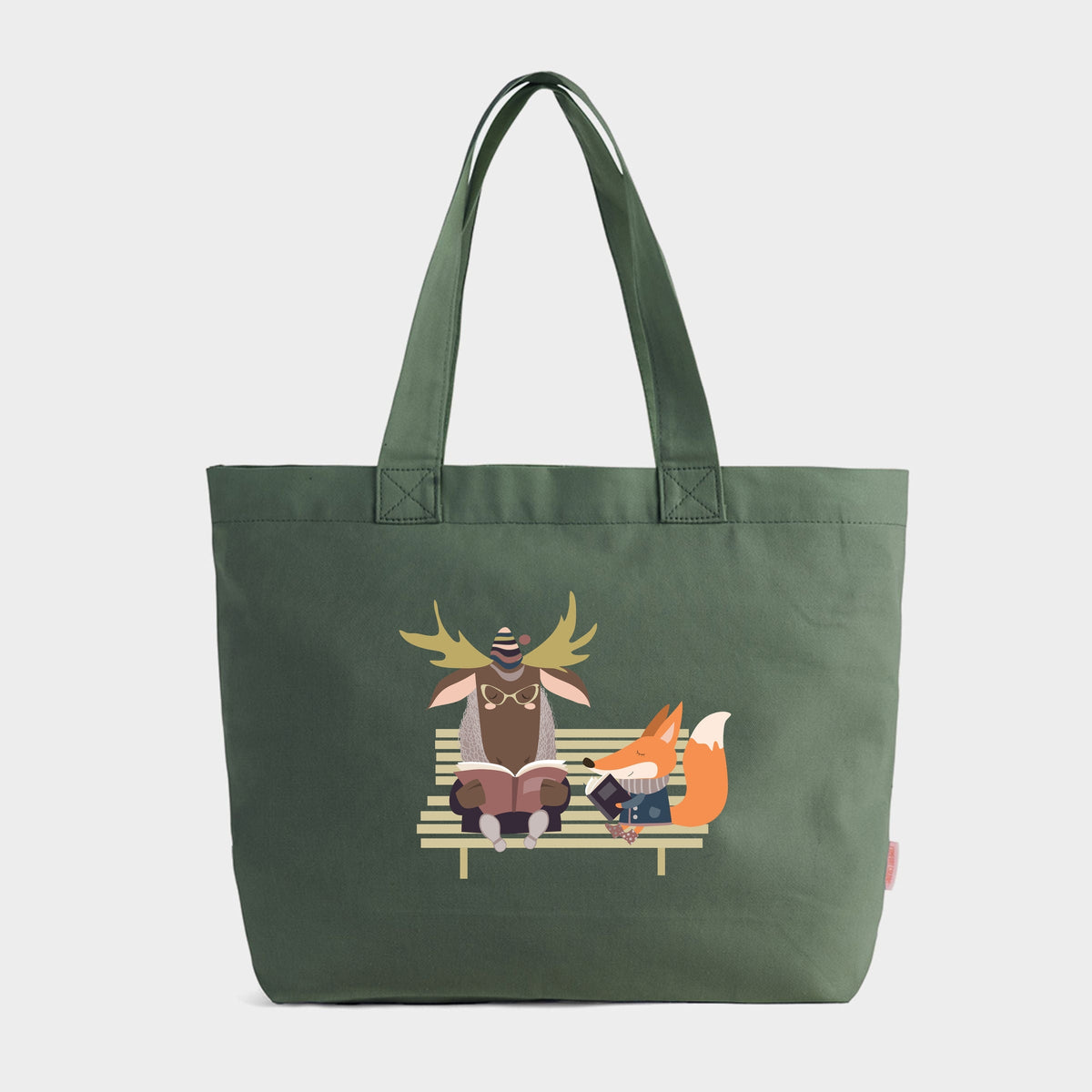 Moose and Fox Reading - Zippered Canvas Tote