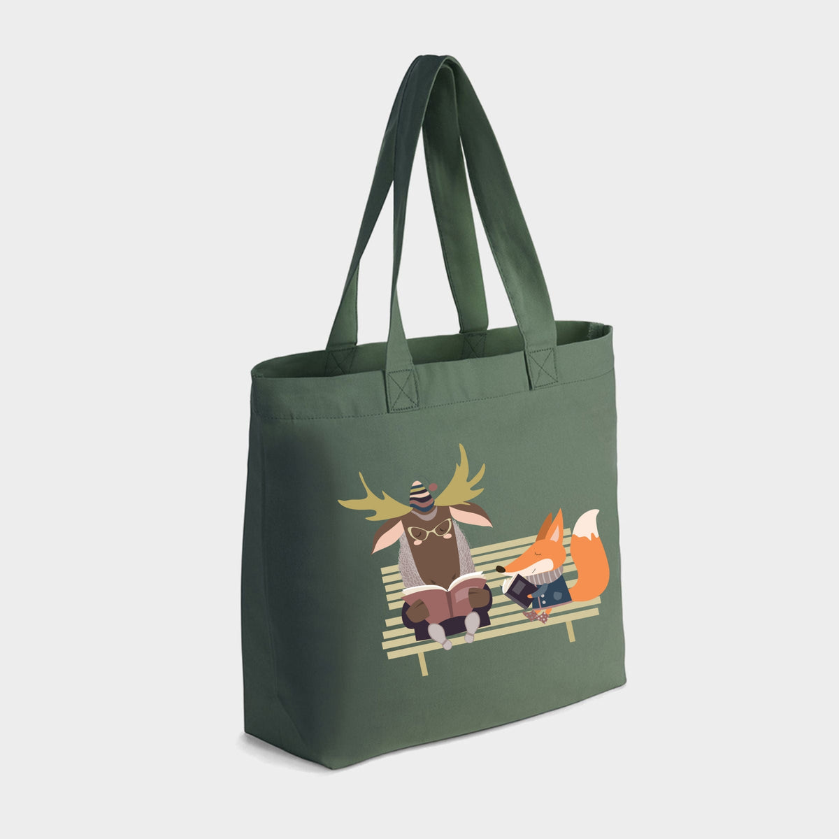 Moose and Fox Reading - Zippered Canvas Tote