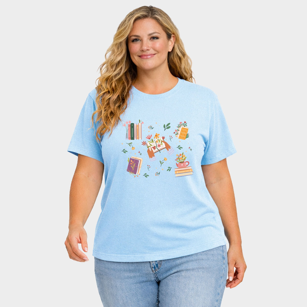Books and Flowers Collage - Women's Plus Garment Dyed Tee