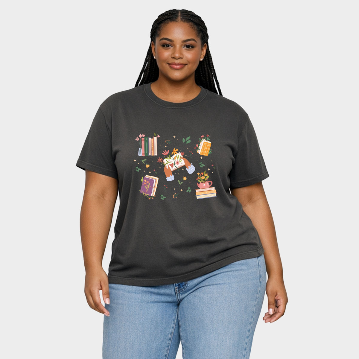 Books and Flowers Collage - Women's Plus Garment Dyed Tee