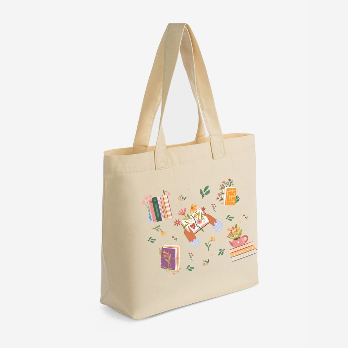 Books and Flowers Collage - Zippered Canvas Tote