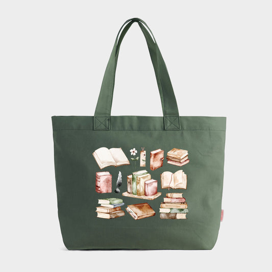 Watercolor Books Collage - Zippered Canvas Tote