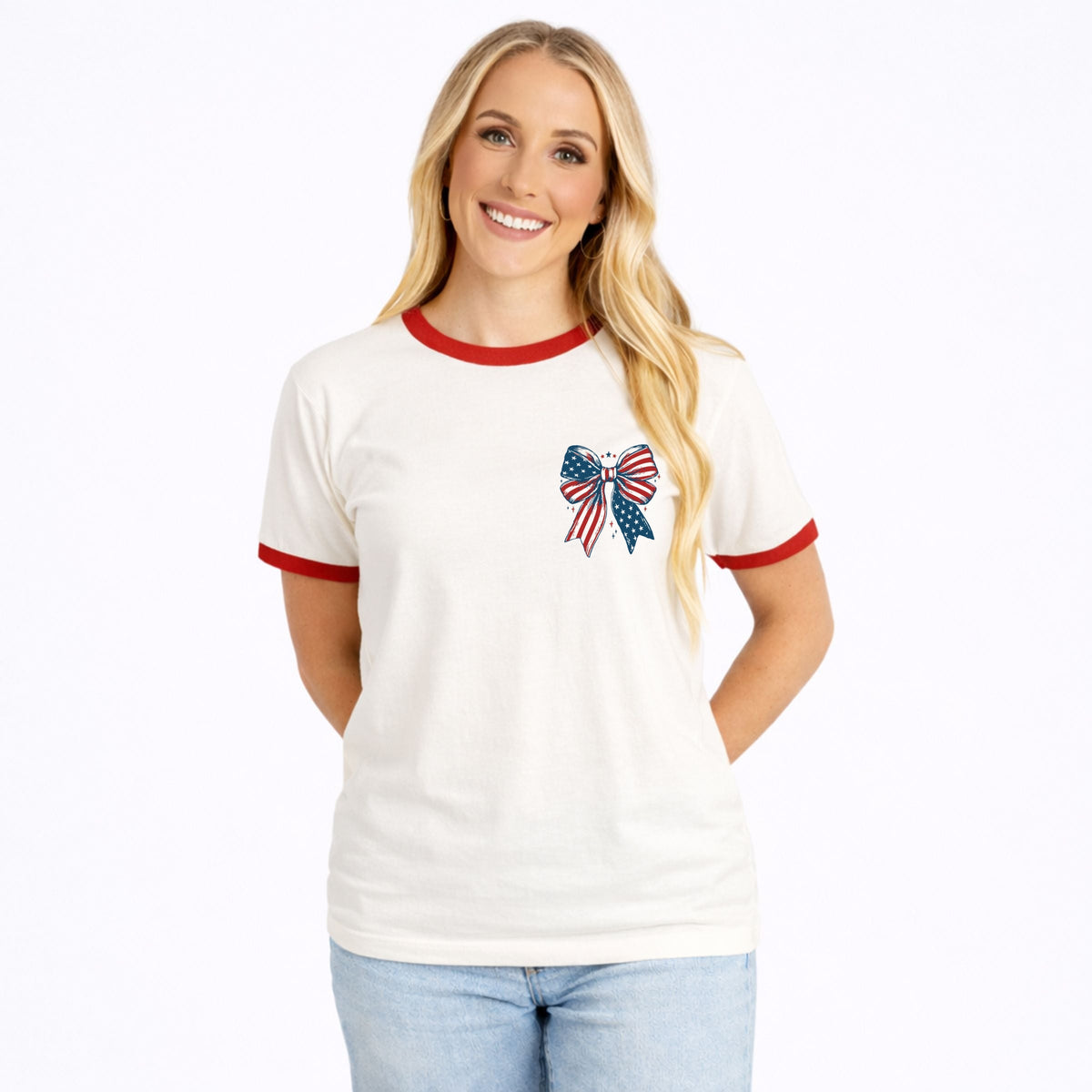 Patriotic Bow Stars - Women's Ringer Graphic T-Shirt