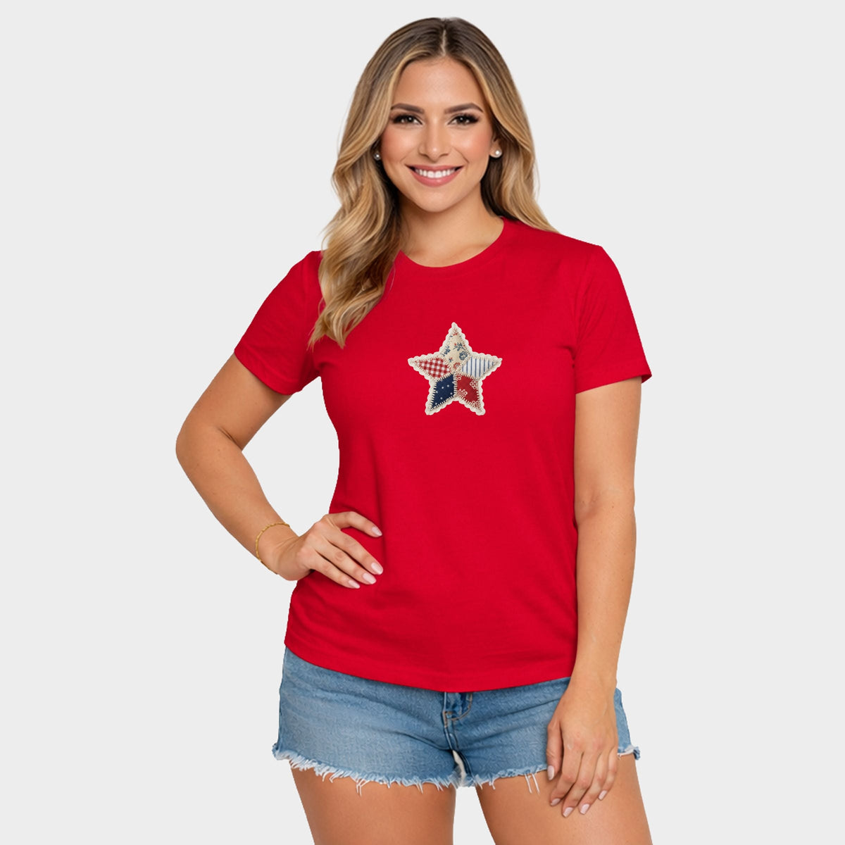 Patriotic Star Faux Patchwork - Women's Short Sleeve Graphic T-Shirt