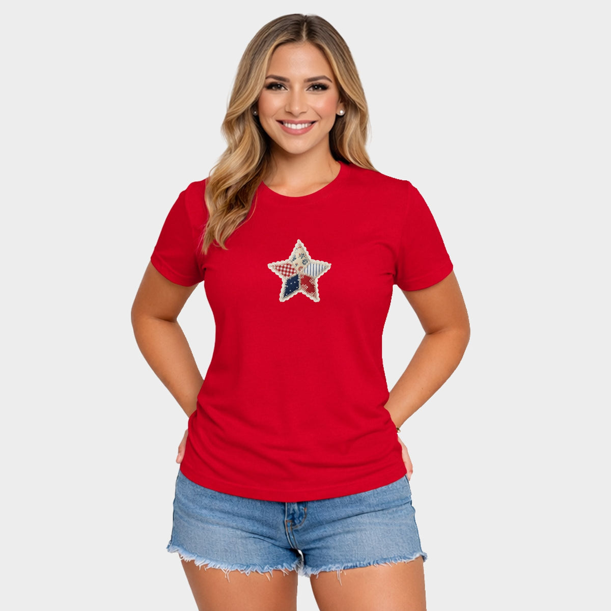 Patriotic Star Faux Patchwork - Women's Short Sleeve Graphic T-Shirt