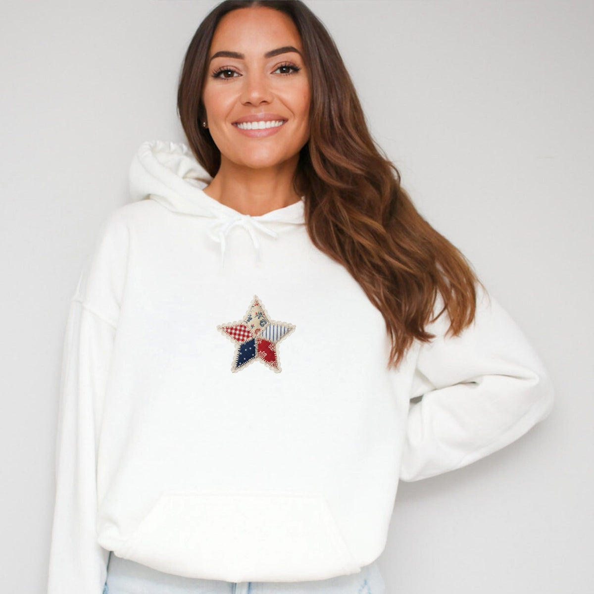 Patriotic Star Faux Patchwork Print - Women's Graphic Hoodie