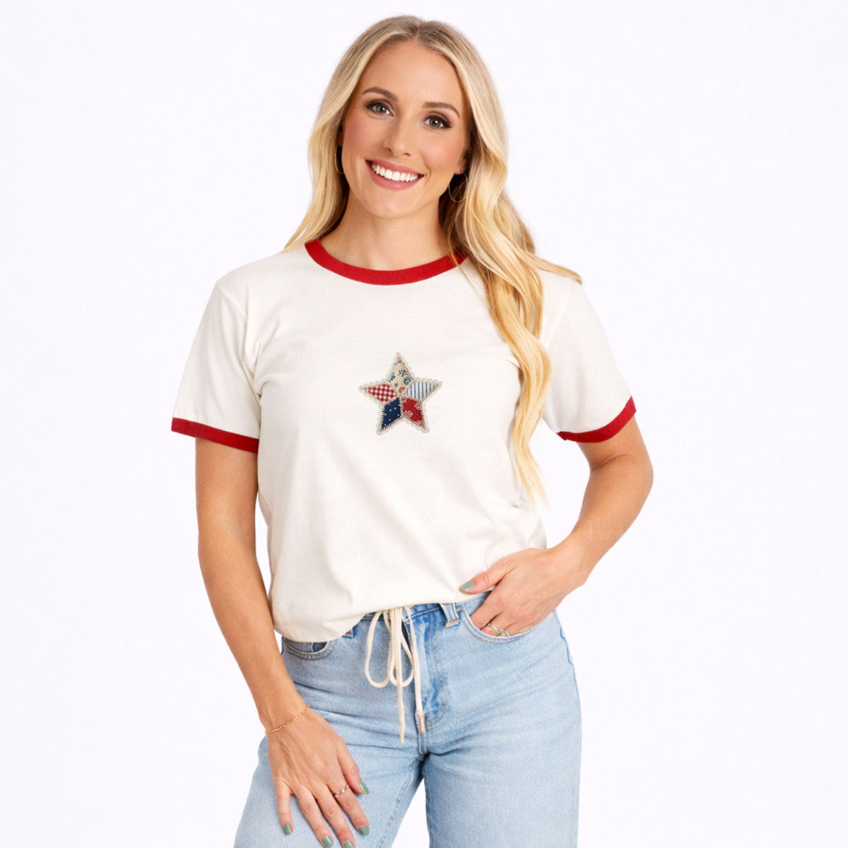 Patriotic Star Faux Patchwork Print - Women's Ringer Graphic T-Shirt